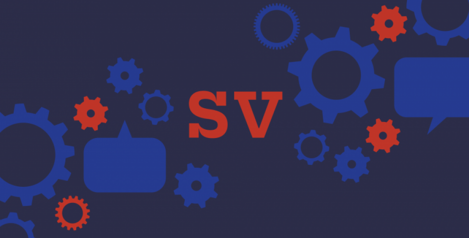 SV bargaining graphic Blue and red gears and speech bubbles surround the red letters “SV” on a dark background