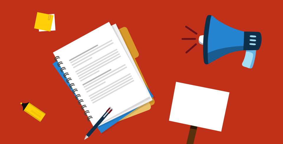 Red graphic with notebook, blank picket sign, and megaphone