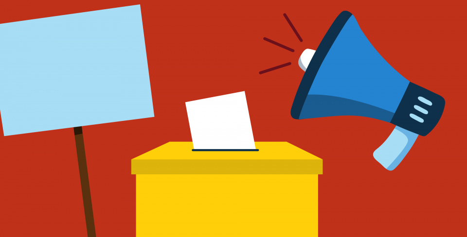 Strike vote graphic Red background with a yellow voting box in the middle and a picket sign and megaphone on either side.